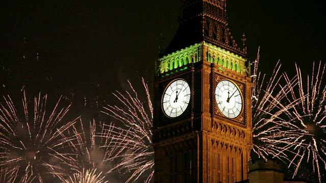 英国，英国，伦敦，威斯敏斯特，大本钟和新年烟花表演视频下载