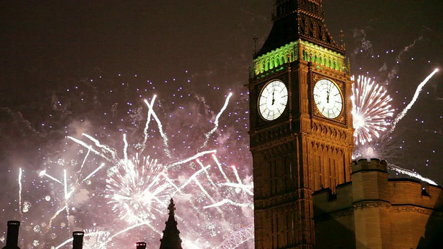 英国，英国，伦敦，威斯敏斯特，大本钟和新年烟花表演视频下载