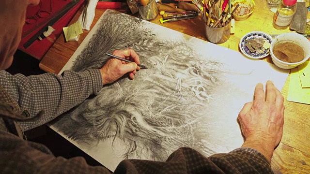 男艺术家手绘的黑白图片视频素材