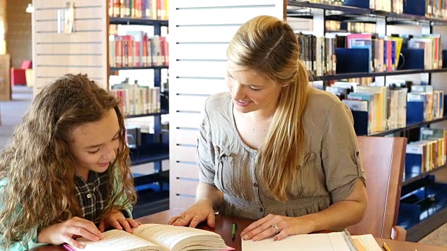中年白人家庭学校母亲或家教帮助小学女孩阅读作业视频素材