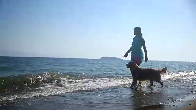 一个女人和一只狗在海滩上视频下载