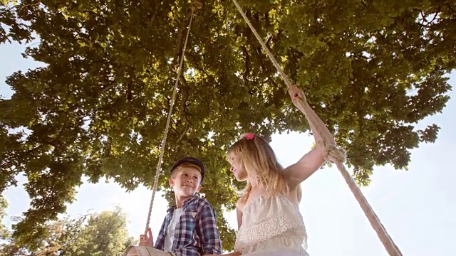 一个小男孩和一个女孩在一个大秋千上微笑视频素材