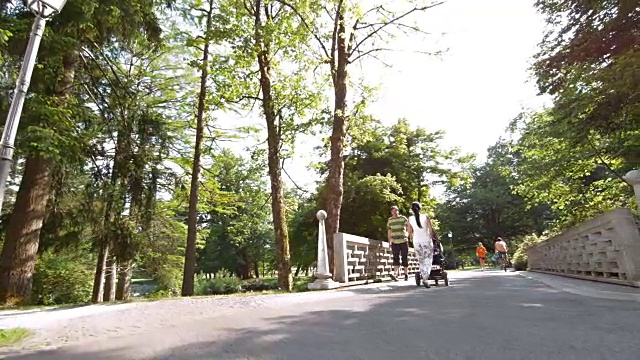 一位老妇人正跑过公园里一座繁忙的桥视频素材