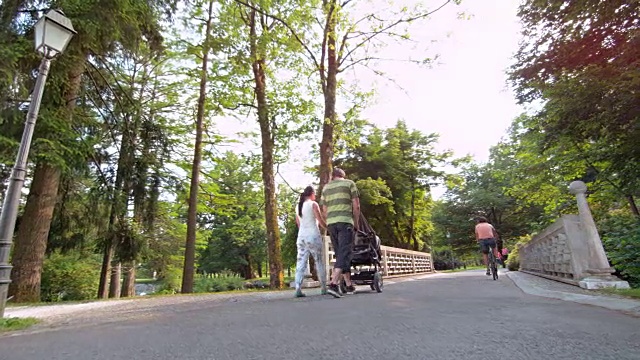 母亲和女儿慢跑过公园里的一座桥视频素材