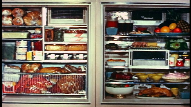1958年，潘女士打开装满食物的大型冰箱/冰柜视频下载