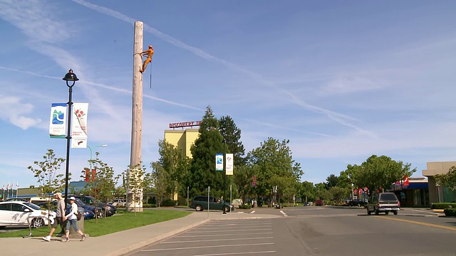 加拿大不列颠哥伦比亚省坎贝尔河，Dean Lemke的雕塑Big Mike雕刻的黄色雪松高肋木艺术，蓝天、过往的汽车和在人行道上行走的夫妇视频下载