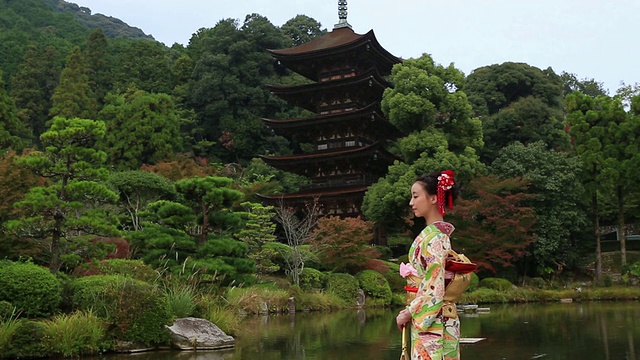 一名日本妇女穿着和服站在日本传统花园前的照片/山口，山口县，日本视频素材
