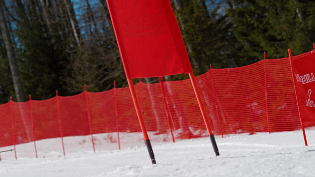 SLO MO女子滑雪选手在大回转比赛中通过大门视频素材