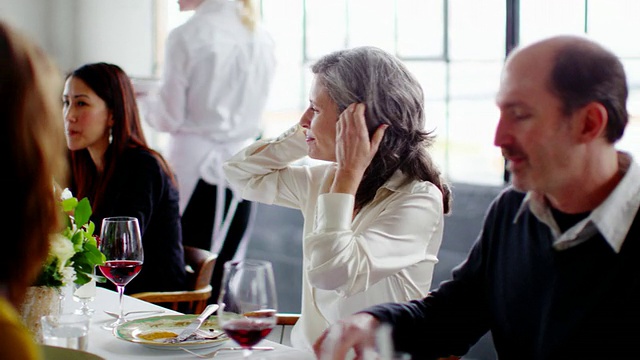 一个成熟的女人在晚宴上与女服务员讨论视频素材