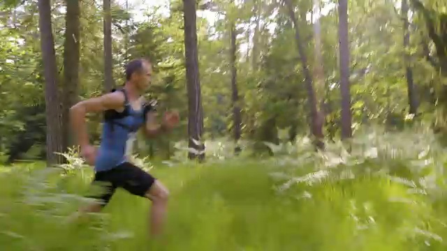 在穿过森林的小道上赛跑的人视频素材