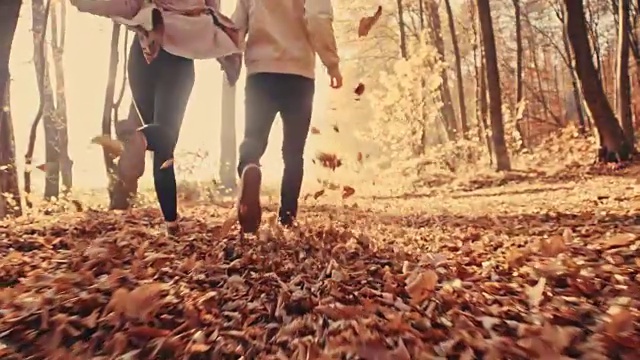 SLO MO夫妇有乐趣踢秋天的叶子视频下载