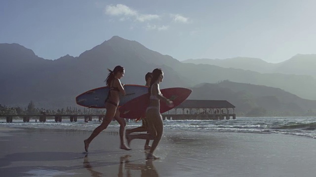 朋友们一起在夏威夷的热带海滩度假冲浪视频下载