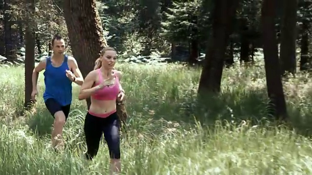 一个男人和一个女人跑过森林视频素材