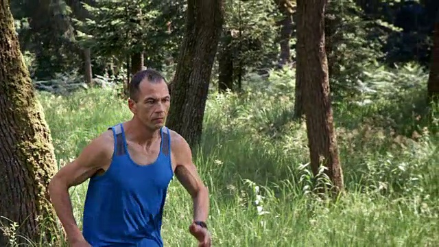SLO MO DS Man在森林里奔跑视频素材