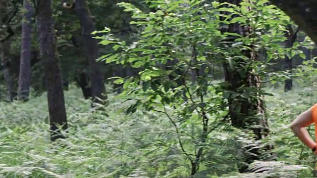 SLO MO DS Man每天在森林里奔跑视频素材