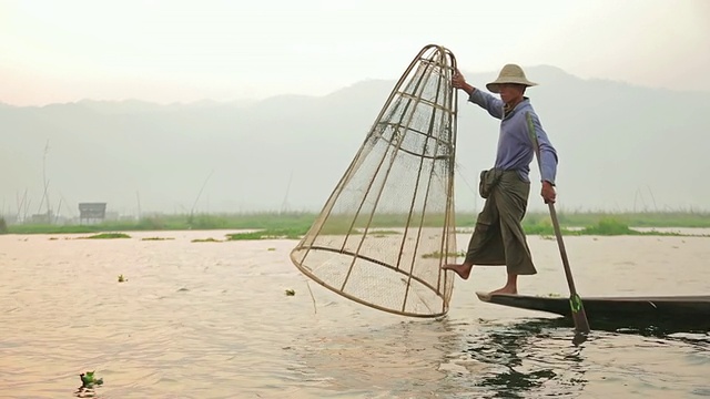 在茵莱湖上撒网的渔民的观点/茵莱湖，掸邦，缅甸视频下载