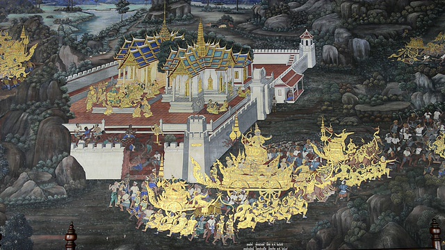 WS拍摄于泰国曼谷大皇宫wat phra kaeo寺庙的罗摩金绘画视频下载
