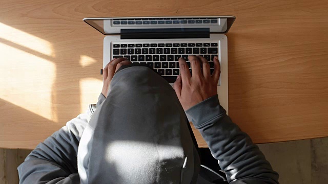 上图是一个穿着连帽衫的男人在电脑上放着一台笔记本电脑视频下载