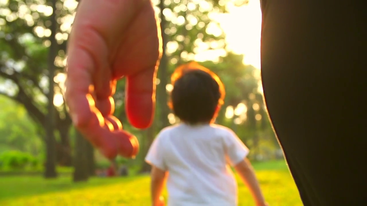 母亲牵着儿子的手在公园里散步。视频购买