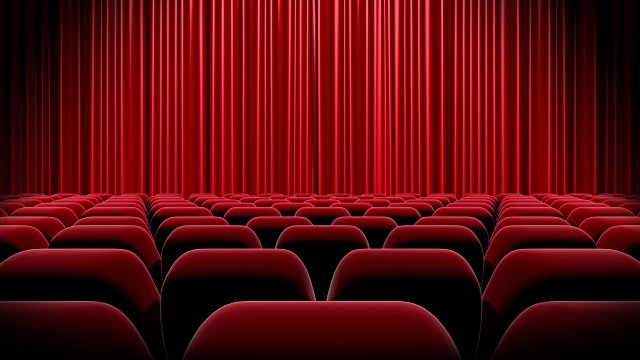 HD:红色窗帘和绿色屏幕，影院开放。视频素材