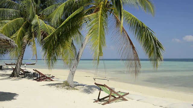 泰国甲米科海海滩棕榈树下的躺椅视频素材