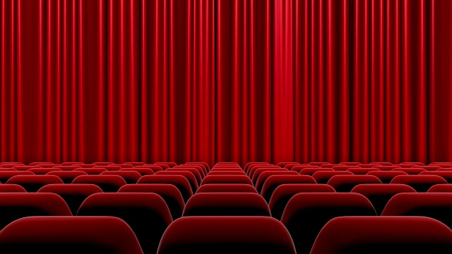 HD:红色窗帘打开和关闭与阿尔法磨砂，剧院开放。视频素材