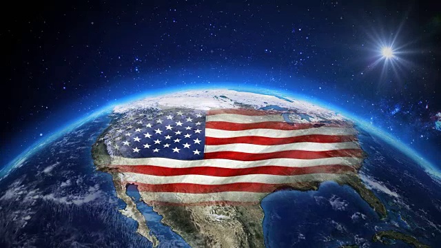 从太空看地球上方的日出。关闭的美国地区与夜晚时间和日出。视频下载
