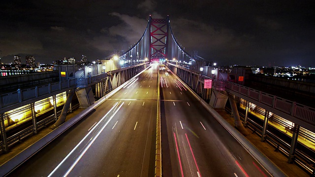 夜晚，费城城市景观的时间流逝，头顶上的车辆穿过本·富兰克林大桥。视频素材