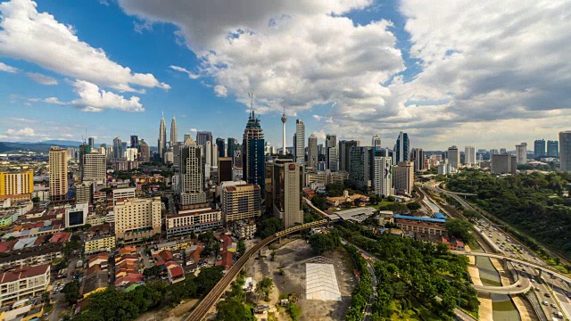 时间流逝，吉隆坡的天际线与蓝天和跳舞的云。4 k。视频下载