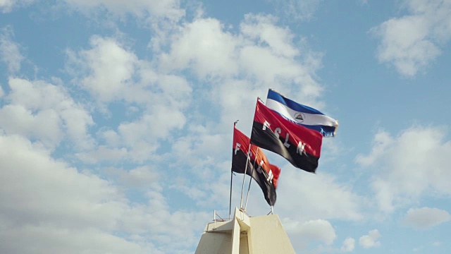 FSLN和尼加拉瓜国旗上的革命纪念纪念碑在莱昂。两面桑地诺民族解放阵线和尼加拉瓜国旗在鲁本·达里奥(诗人)周年庆典上迎风飘扬。视频下载
