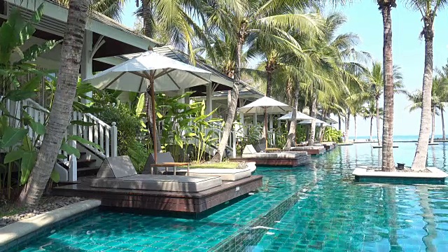 游泳池与热带棕榈树和海滩视频下载