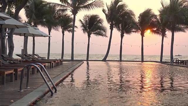 游泳池与热带棕榈树和海滩视频下载