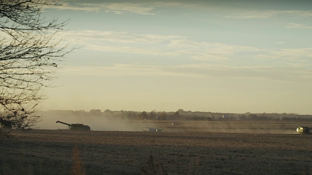 日落时分，联合收割机在尘土飞扬的地里收割大豆。视频素材