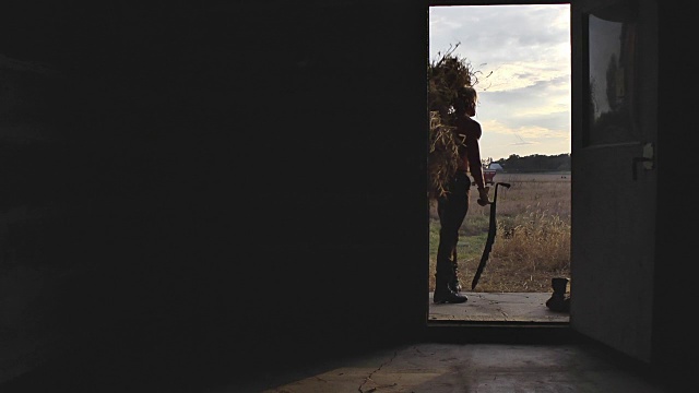 一个体格健壮的老式农场工人肩上扛着干草站在木屋的门口，看着日落。视频素材