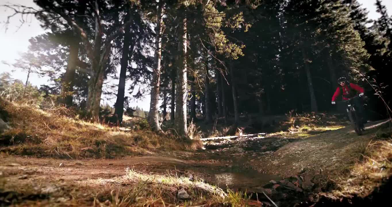 速度坡道女山地车骑过森林水坑视频下载