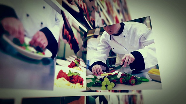 烹饪在商业厨房动画蒙太奇视频素材