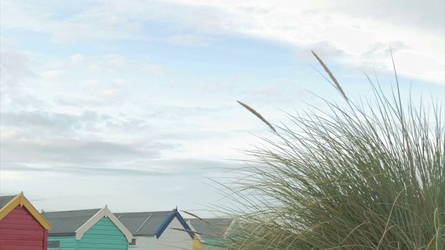 索斯沃尔德，一排海滩小屋，沙丘在前景，ZO,PAN视频下载