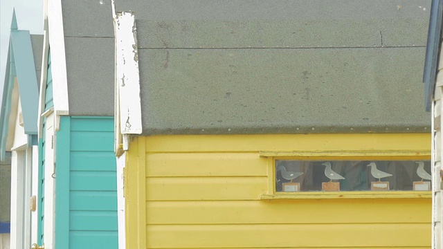 索斯沃尔德，一排海滩小屋，清晨，窗中的木鸟，PAN视频下载