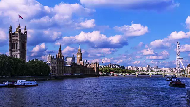 大本钟和带有伦敦眼的国会大厦位于伦敦威斯敏斯特市视频素材