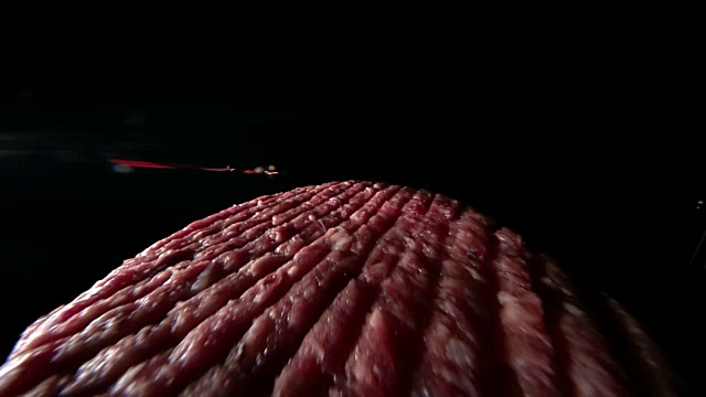 镜头在一个生的汉堡肉饼上放大和缩小。视频下载