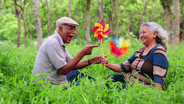 一对老年夫妇在印度德里的公园里玩风车视频下载