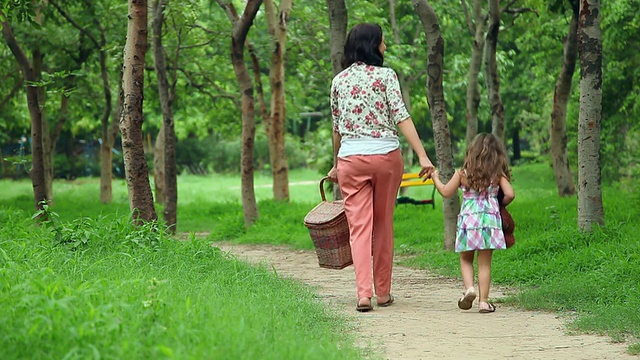 后视图的成年妇女和她的女儿在公园里散步，德里，印度视频下载