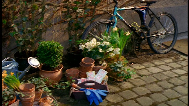 靠墙的PAN自行车，盆栽+花卉，园艺工具到门廊+门的房子视频下载