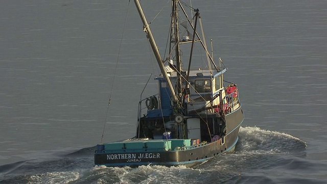 从空中鸟瞰进入美国阿拉斯加州港口的Jaeger渔船视频素材