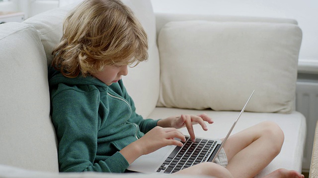 英国汉普斯特德伦敦，男孩舒服地坐在沙发上，在他的笔记本电脑上打字视频素材