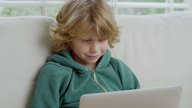 英国汉普斯特德，伦敦，男孩坐在沙发上用笔记本电脑工作视频素材