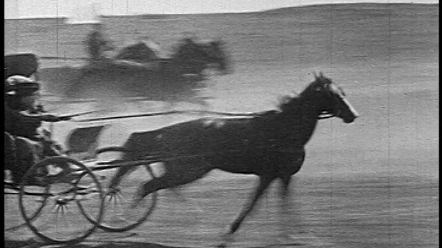 1800年代左右，一名女子驾驶着马车在平原上骑马的人群中奔跑视频素材