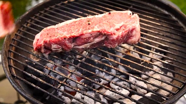 木炭烤架上的生牛排视频素材