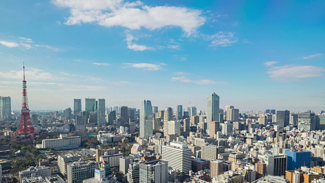 4K延时:鸟瞰图东京城市景观与bkue天空(平移)视频素材