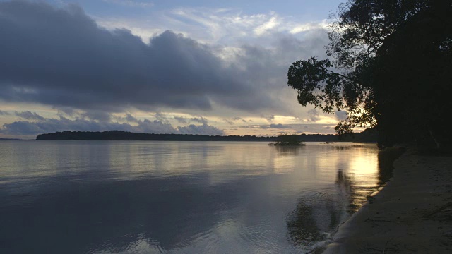 美丽的镜头，在黄昏的维多利亚湖轻轻拍打在布加拉岛的海滩上。视频素材